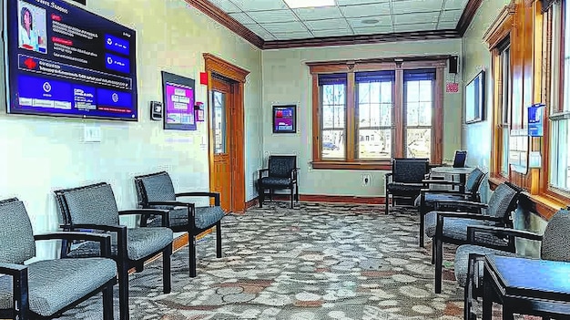 A waiting room with seating and a TV designed for comfort and relaxation