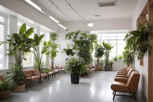 a waiting room with a wall of plants