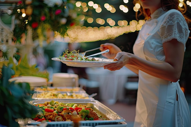 Waitress female catering a fresh delicious food and serving on wedding