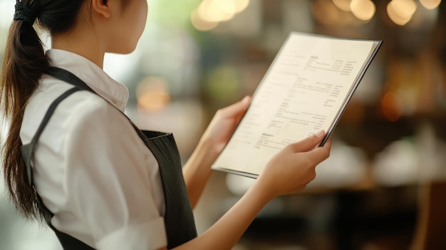 Photo a waitress holding a menu