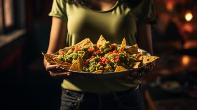 Photo a waitress holding a platter of nachos and guacamole generative ai