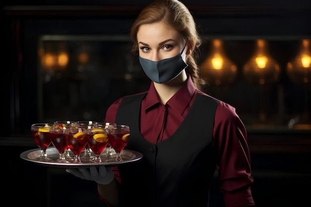 Waitress in Protective Face Mask Holding Waitress Tray