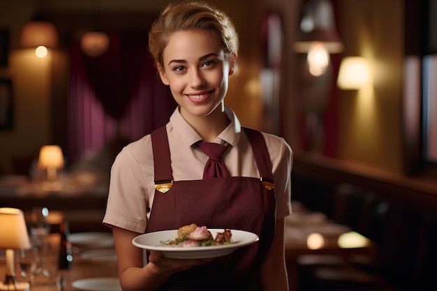 A Waitress at a Restaurant Serving Plates