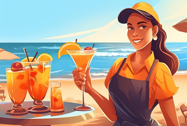 Waitress serving cocktails on the beach