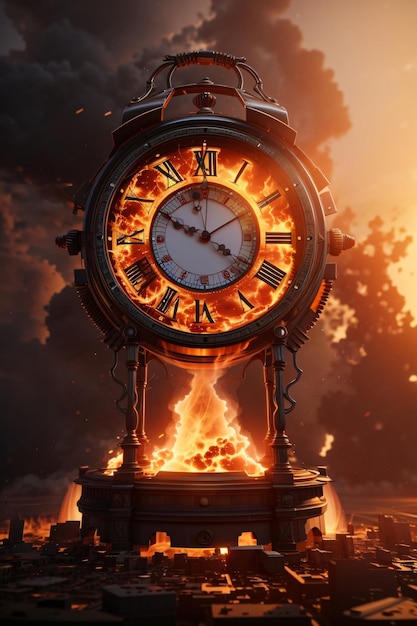 Wake up time a clock is burning in a fire