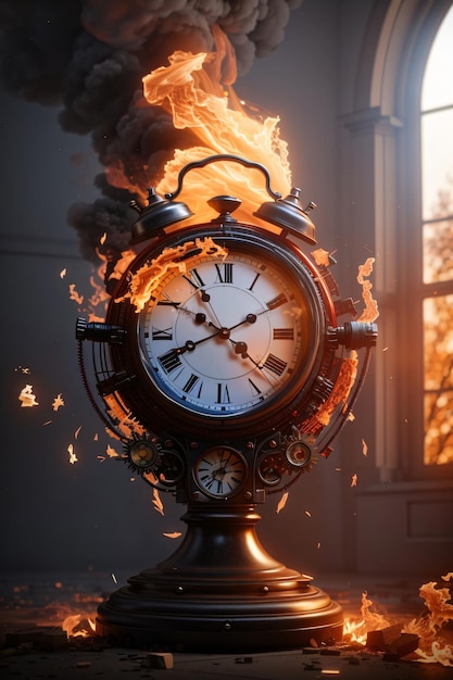 Wake up time a clock is burning in a fire