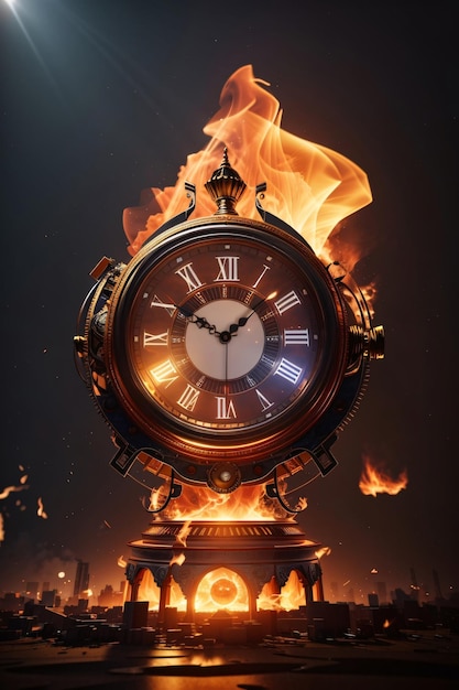 Wake up time a clock is burning in a fire