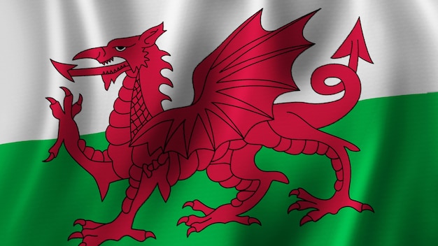 Wales Flag Waving Closeup 3D Rendering With High Quality Image with Fabric Texture