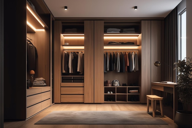 A walk in closet with a light on the wall and a bench with a bench and a table with clothes on it.