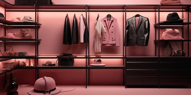 a walk in closet with a pink outfit and purse in the style of dark palette chiaroscuro