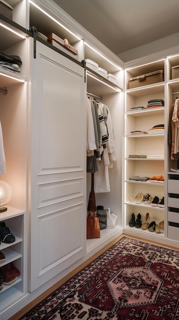 Photo a walk in closet with a white wardrobe and shelves