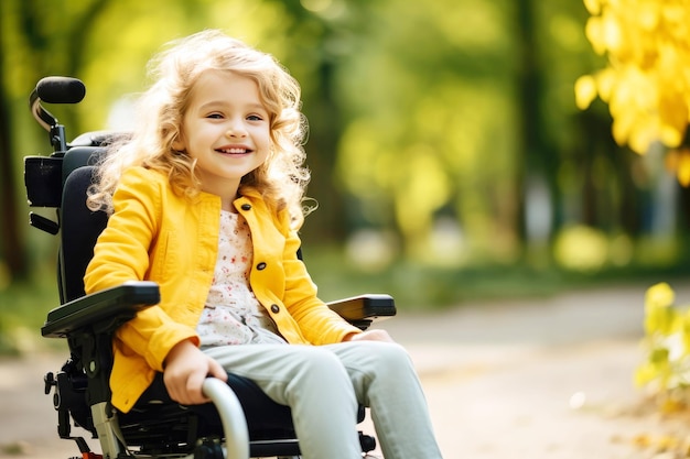 A walk of a disabled little girl with a smile in nature copy space