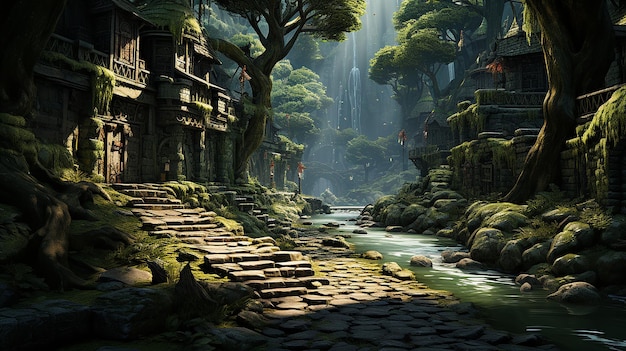 Walk on the mossy path of ancient forest village