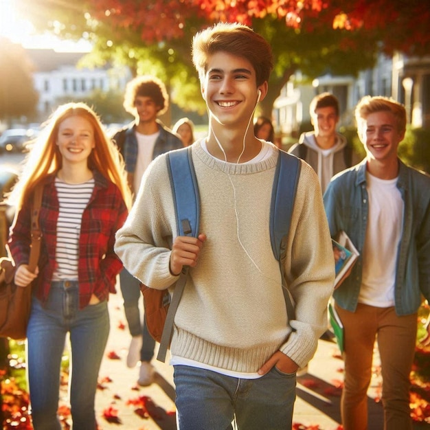 Walk to School with Friends on a Fall Day