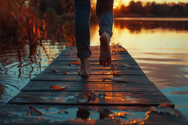 Photo walking barefoot on dock at sunset with ai generated