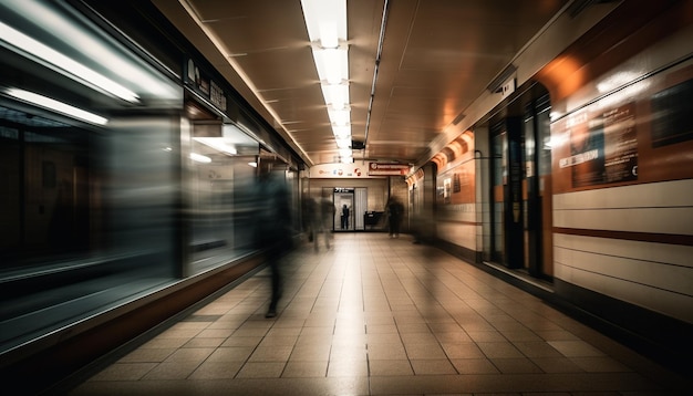 Walking commuters rush through futuristic subway station generated by AI