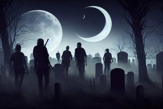 The walking dead are coming against the background of the night sky and the moon in the cemetery Concept art Digital painting Fantasy illustration