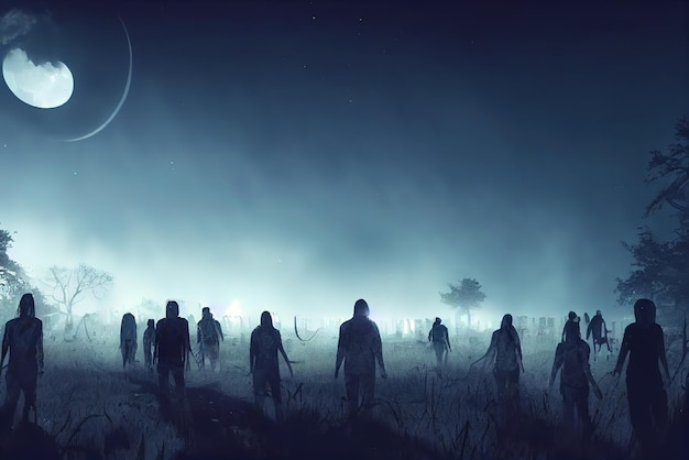 The walking dead are coming against the background of the night sky and the moon in the cemetery Concept art Digital painting Fantasy illustration