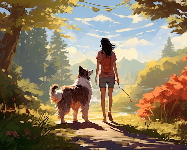 Walking a dog on a sunny morning