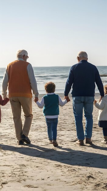 Walking family and beach back with grandparents mom and dad with kids together on holiday