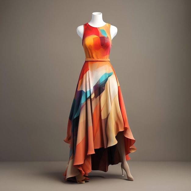 A Walking Model Woman with a Dress Made of Abstract Design