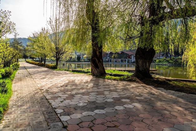 Walking path along small lake in Dilijan Armenia on a fine spring day