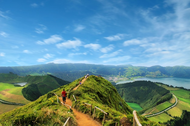 Walking path leading to a view on the lakes of Sete Cidades, Azo