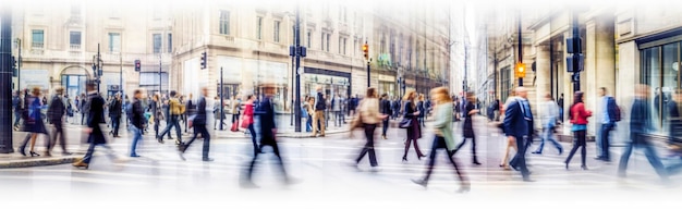 Walking people blur Lots of people walk in the City of London Wide panoramic view of people crossing the road