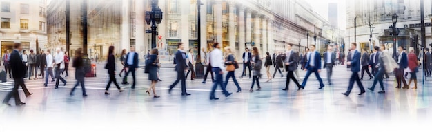 Walking people blur Lots of people walk in the City of London Wide panoramic view of people crossing the road