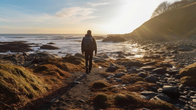 walking on a rocky path near the ocean