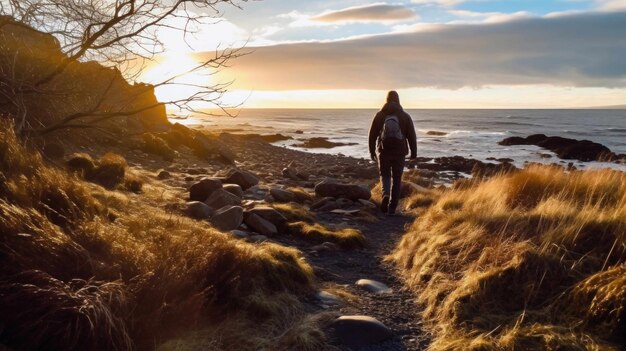 walking on a rocky path near the ocean