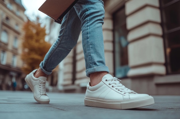 Photo walking in style close up of white sneakers on the city sidewalk