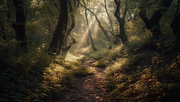 Walking through foggy forest autumn leaves crunch generated by AI