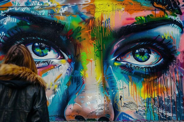 Walking among vibrant street art masterpieces ar generative ai