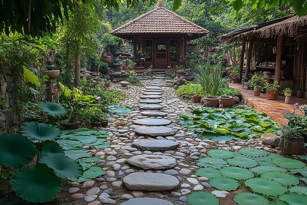 Photo a walkway leads to a building with a stone walkway and a small building with a green roof