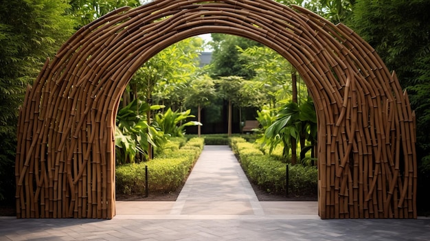 Photo a walkway leads to a garden with trees and bushes