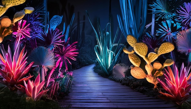 Photo a walkway leads to a tropical garden with flowers and plants