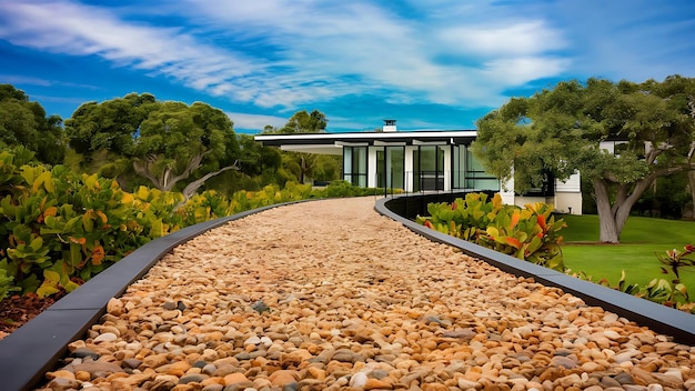 Walkway made of small pebbles leading to house with contemporary house exterior photo