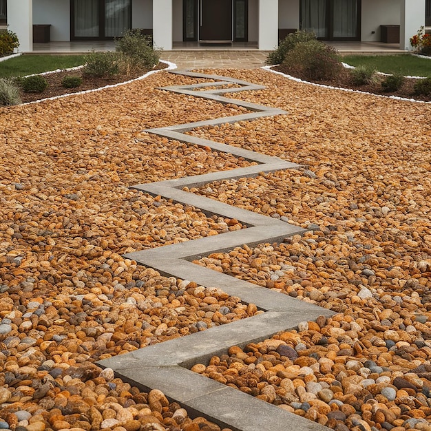 Photo walkway made of small pebbles leading to house with contemporary house exterior