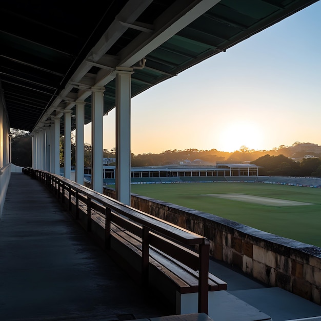 A Walkway Overlooking a Cricket Pitch at Sunset