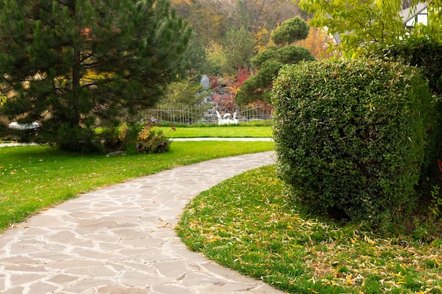 Walkway in the park, green grass, bushes and trees