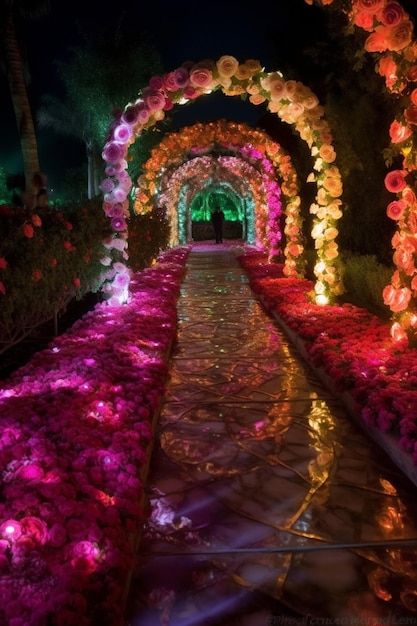 A walkway with flowers and lights