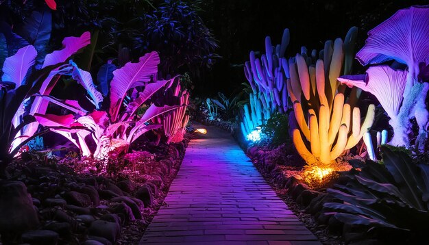 Photo a walkway with a light that is lit up