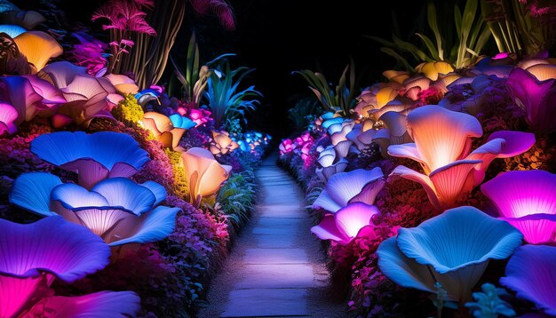 Photo a walkway with lights and plants and flowers on it