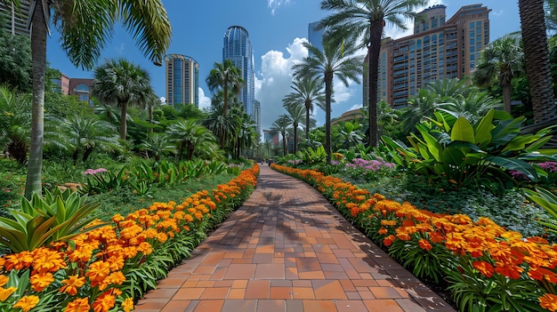 a walkway with a palm tree and flowers in the background