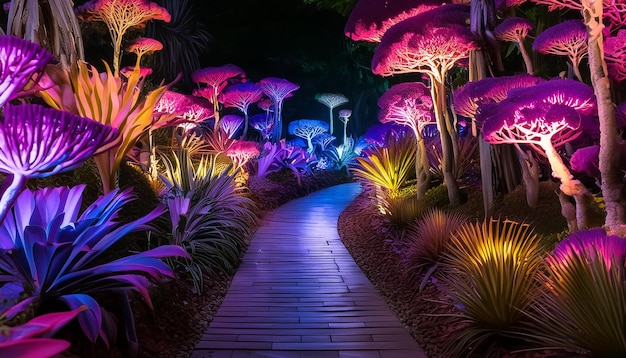 Photo a walkway with plants and lights that are lit up