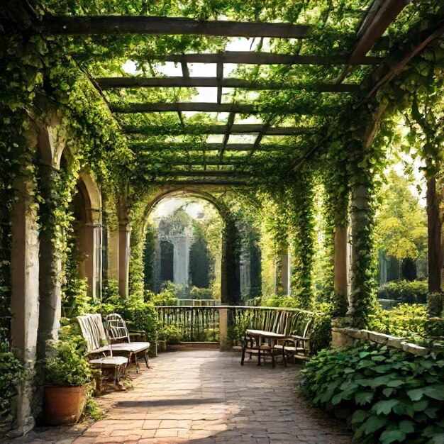 Photo a walkway with vines and flowers and a walkway with a green plant on it