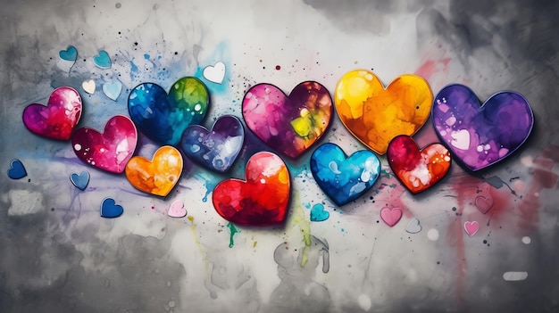 Wall art of colorful hearts symbols watercolors Generative ai