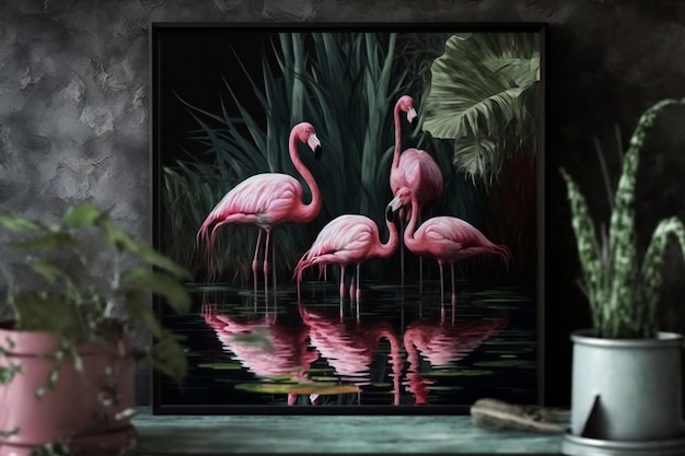 Wall Art Decor Featuring Pink Flamingos in a Pond Generative AI