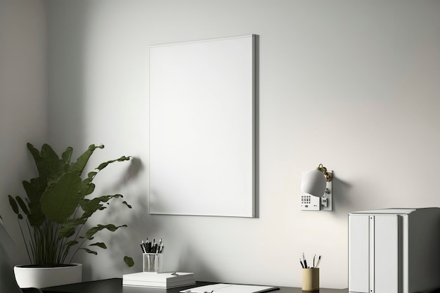 A Wall Art Mockup Photography. White backgound. Minimalist home office. Plants. Generative AI.